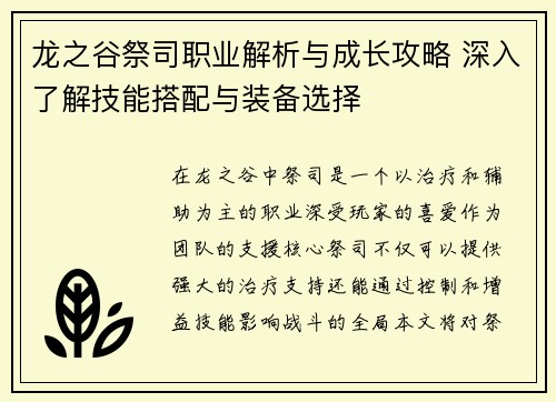 龙之谷祭司职业解析与成长攻略 深入了解技能搭配与装备选择
